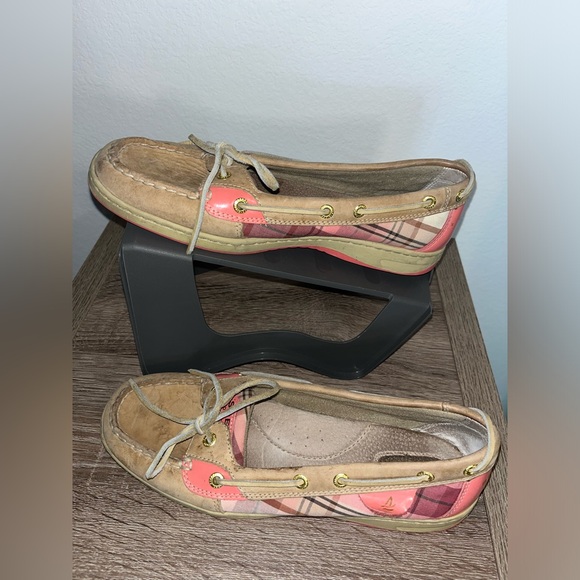 Sperry Topsider Hardback Tan Leather Pink/Plaid Preppy Boat Shoes Women's 9.5M - Picture 7 of 16